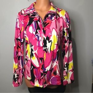 Laura Ashley Womens M Pink Floral Jacket Full Zip Shiny Sequins 3/4 Sleeve Top